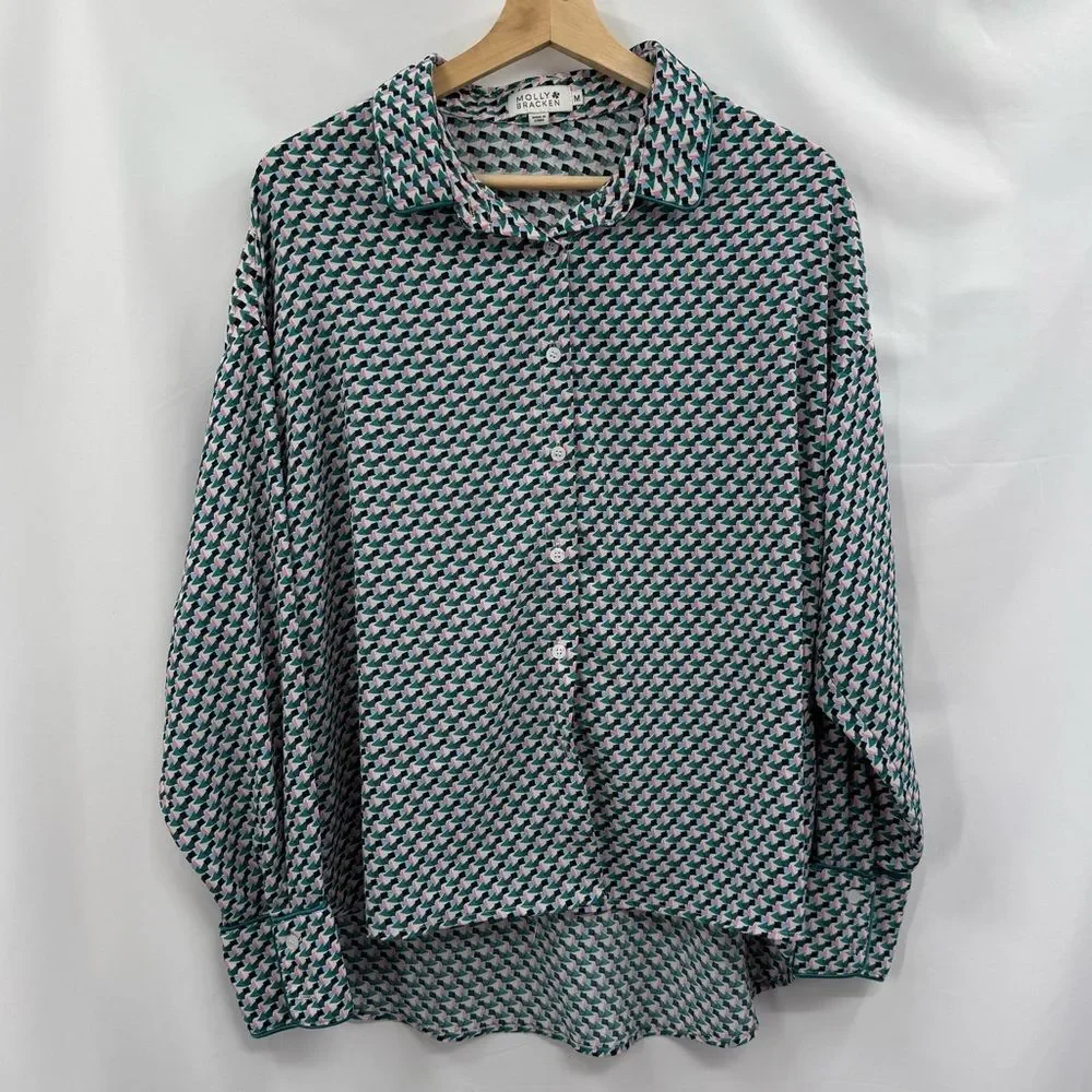 Molly Bracken Geometric Abstract Print Button Down Blouse in Multi | Medium